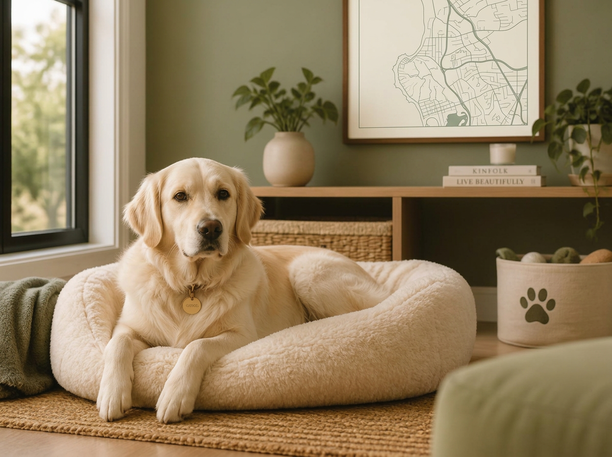 Dog resting on a soft bed in a warm home