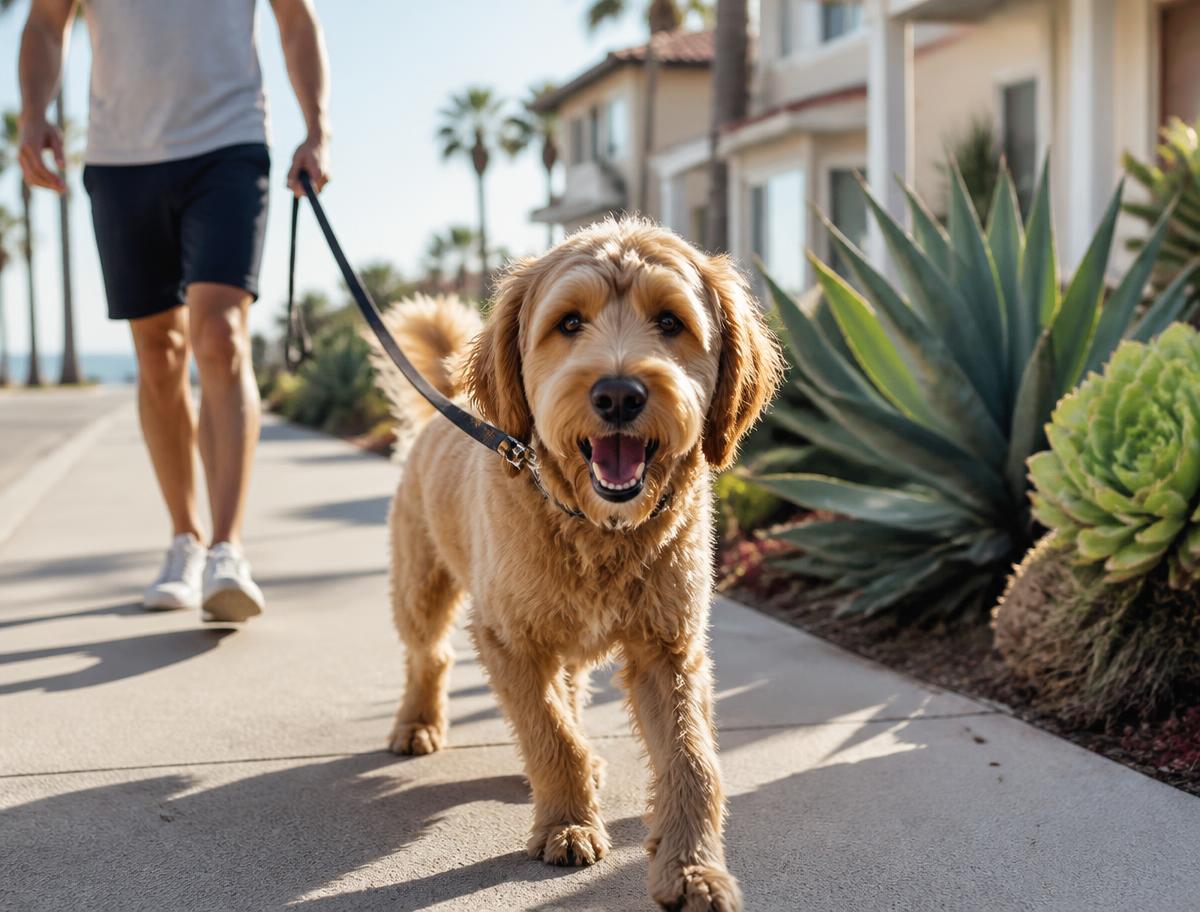 Dog on a leash walking down a La Jolla sidewalk